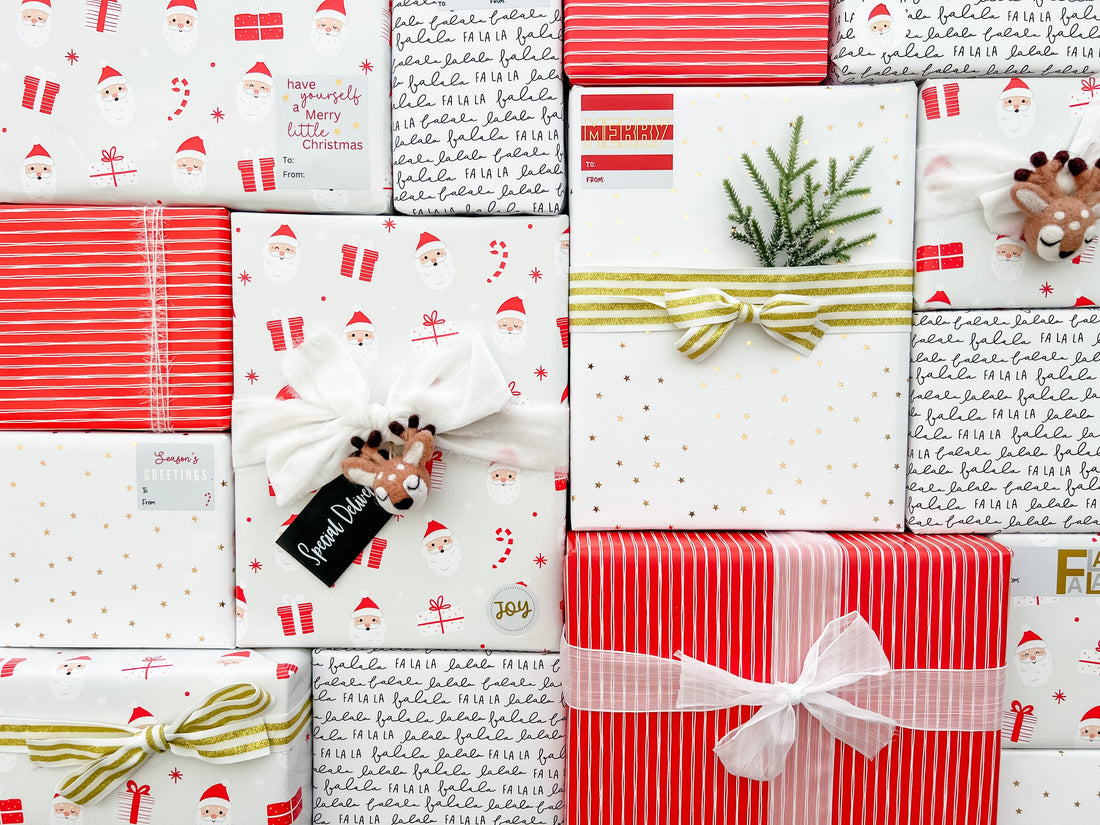 red and white striped gift wrapping paper with a bow