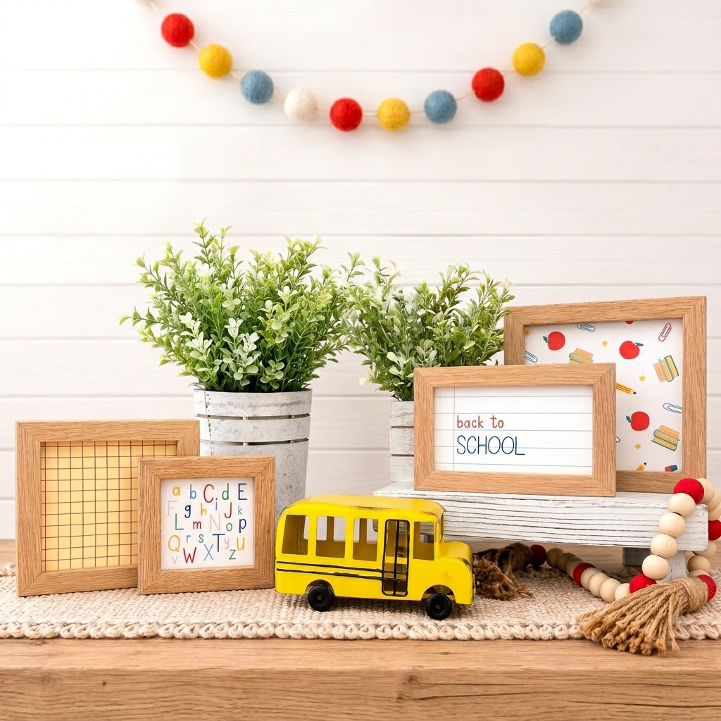 Four square back-to-school themed paper products arranged on a light marble surface: a white card with colorful school supplies and red apples, a sheet of peach grid paper, a white notepad with blue lines and the words 'back to SCHOOL' in red and blue, and a white card with colorful alphabet letters. Back to school decor inserts for tiered trays, shelves, classrooms and seasonal home decorating
