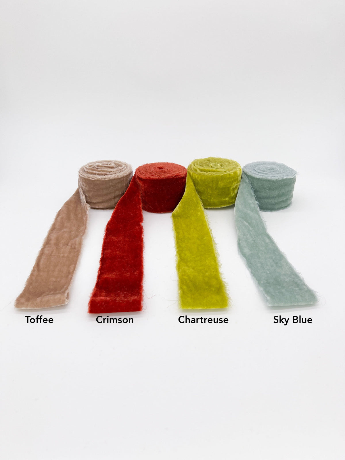 4 colors of velvet, toffee, crimson, chartreuse, sky blue