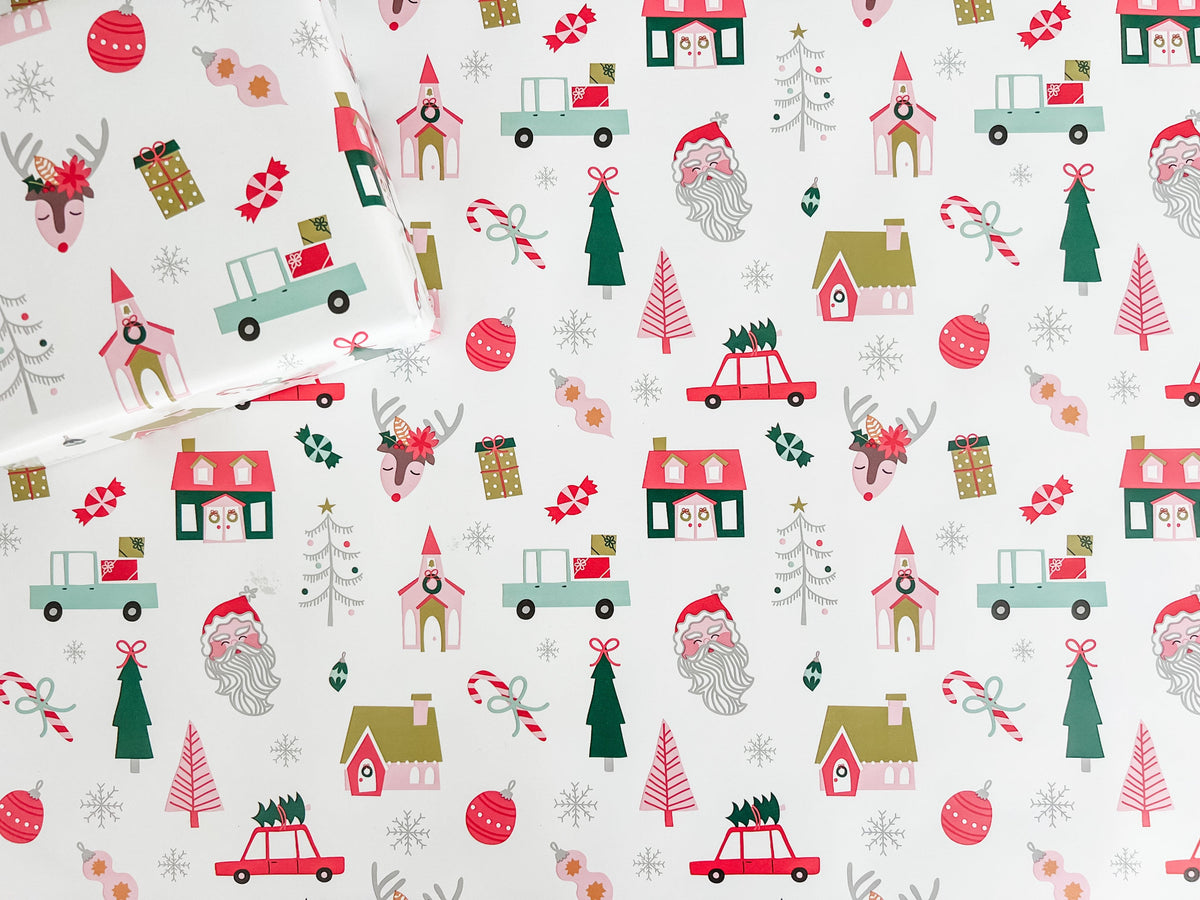 Christmas-themed pattern with Santa Claus, reindeer, and Christmas trees on a white background.