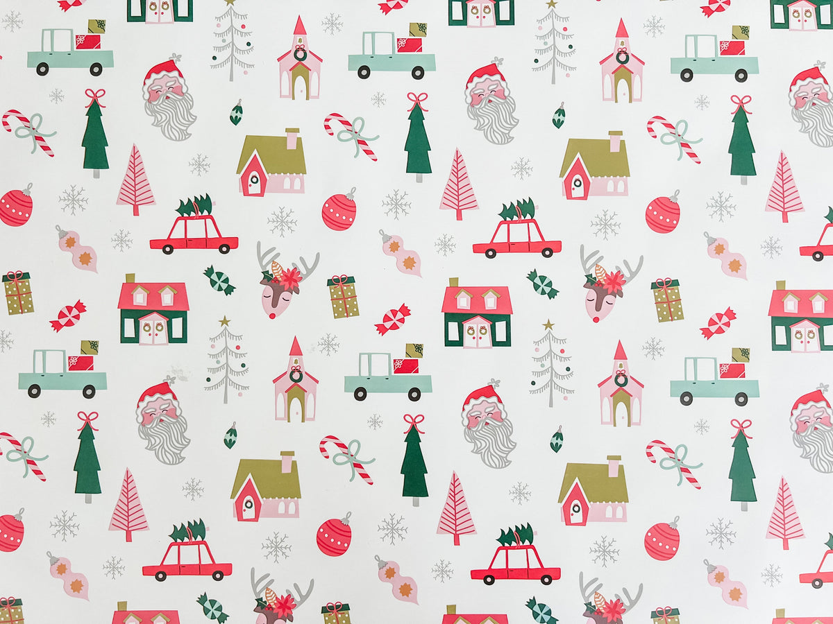 Christmas-themed pattern with Santa Claus, reindeer, and festive elements on a white background.