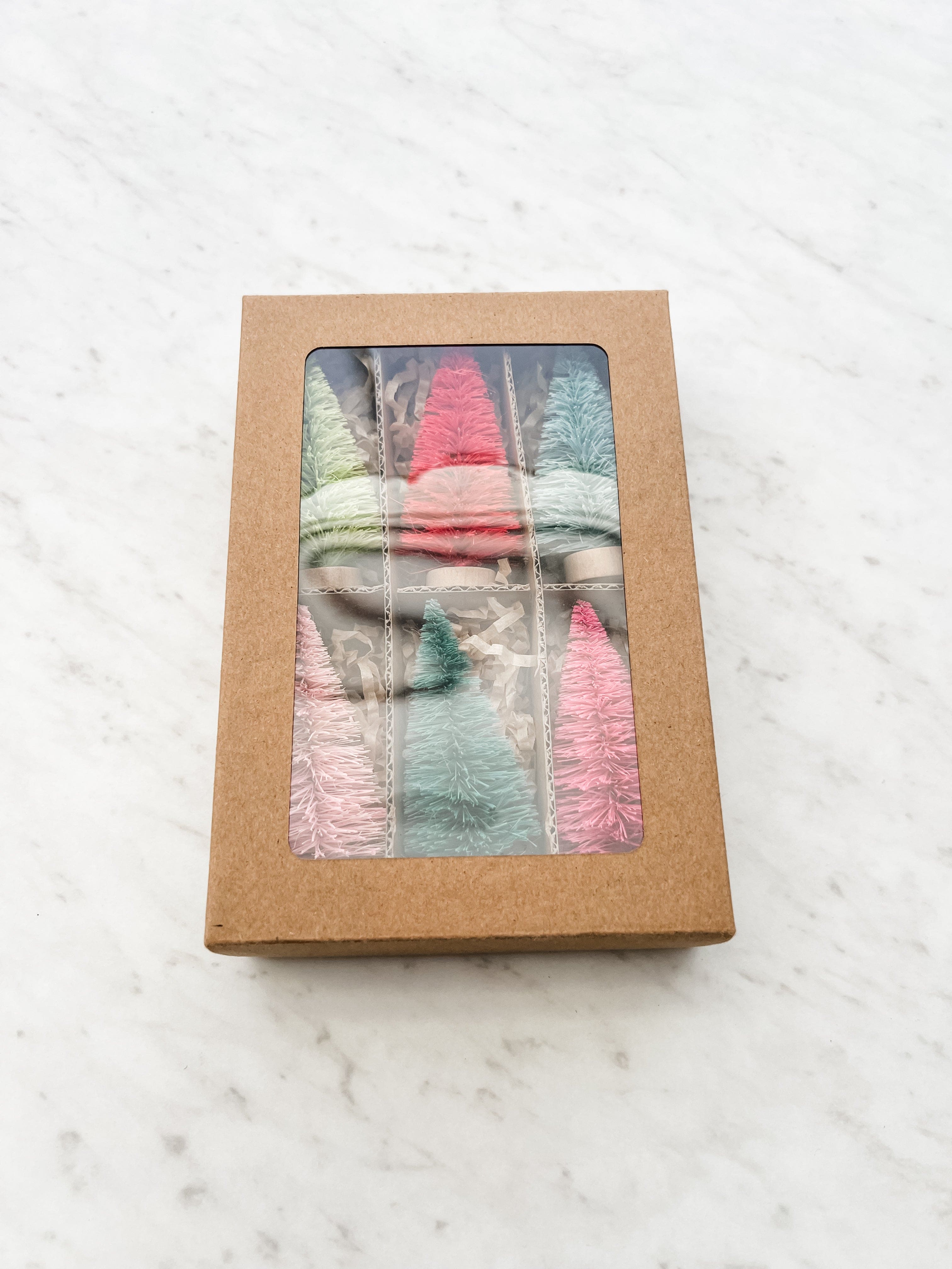 set of 6 bottle brush trees shown packaged in a box