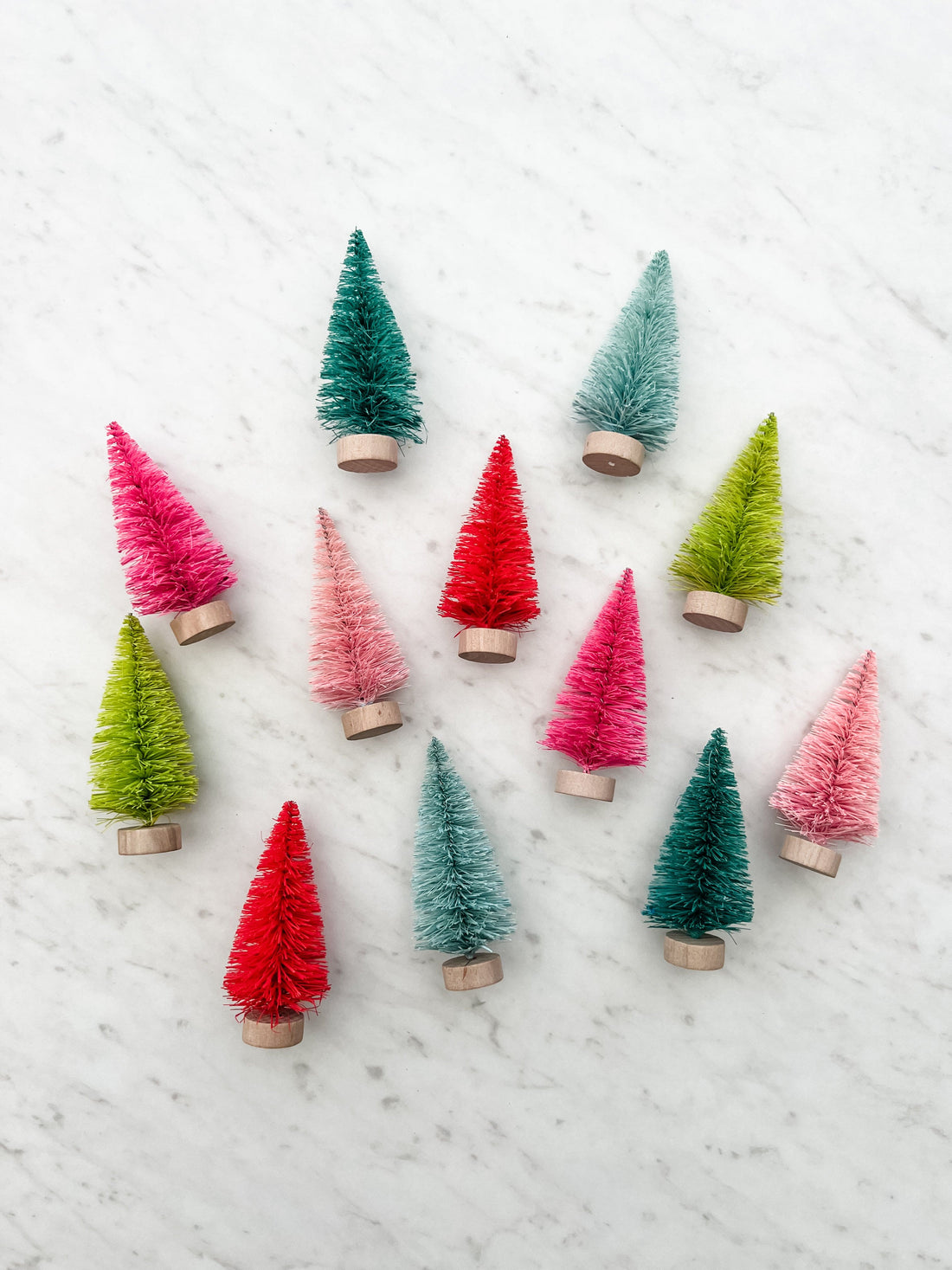 A set of colorful bottle brush trees displayed in an open cardboard box with two trees of each color neatly arranged.