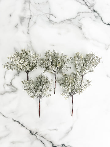 Five frosted greenery branches on a white marbled background