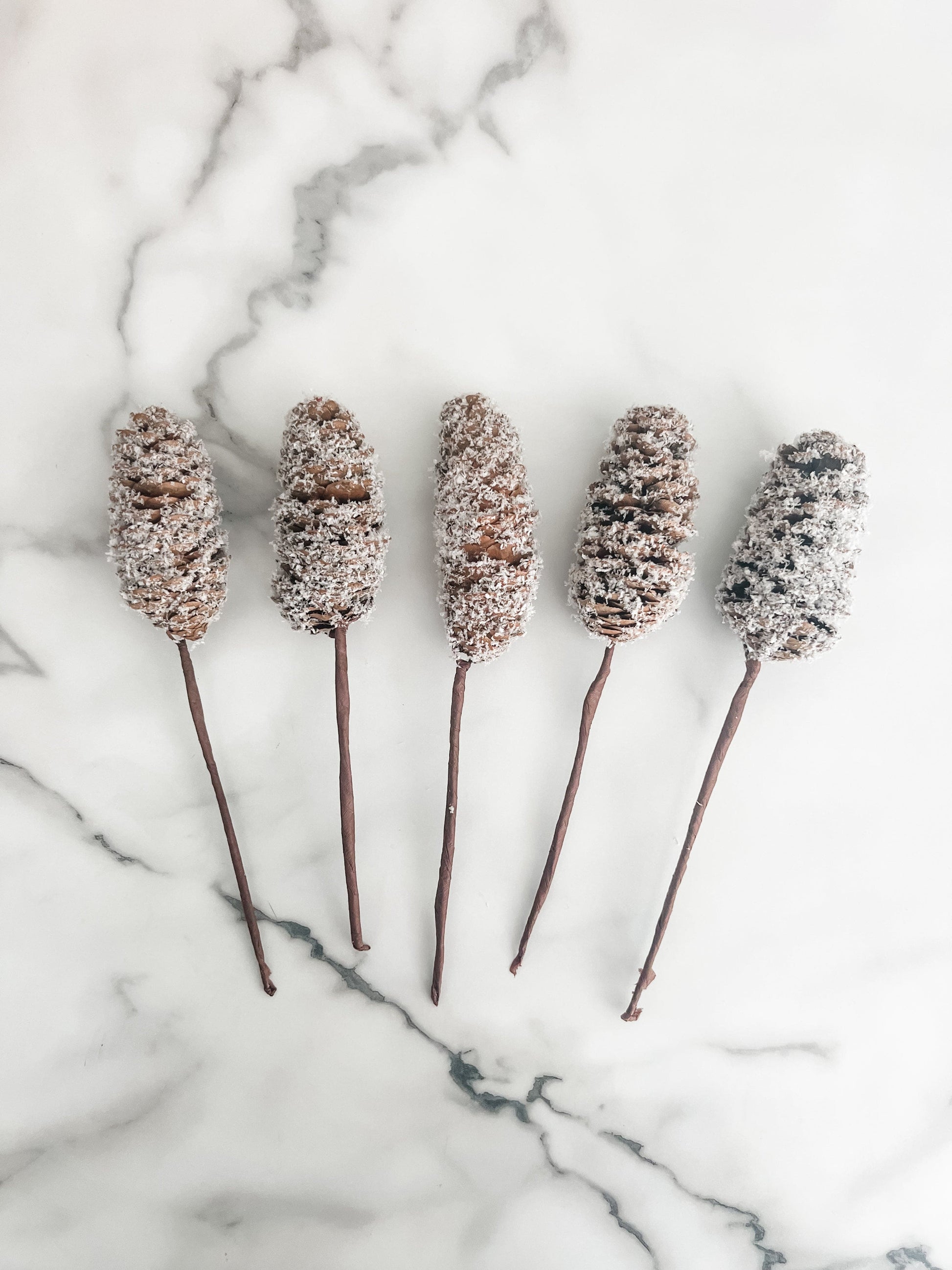 Five decorative pinecone sticks with a textured finish on a marble surface