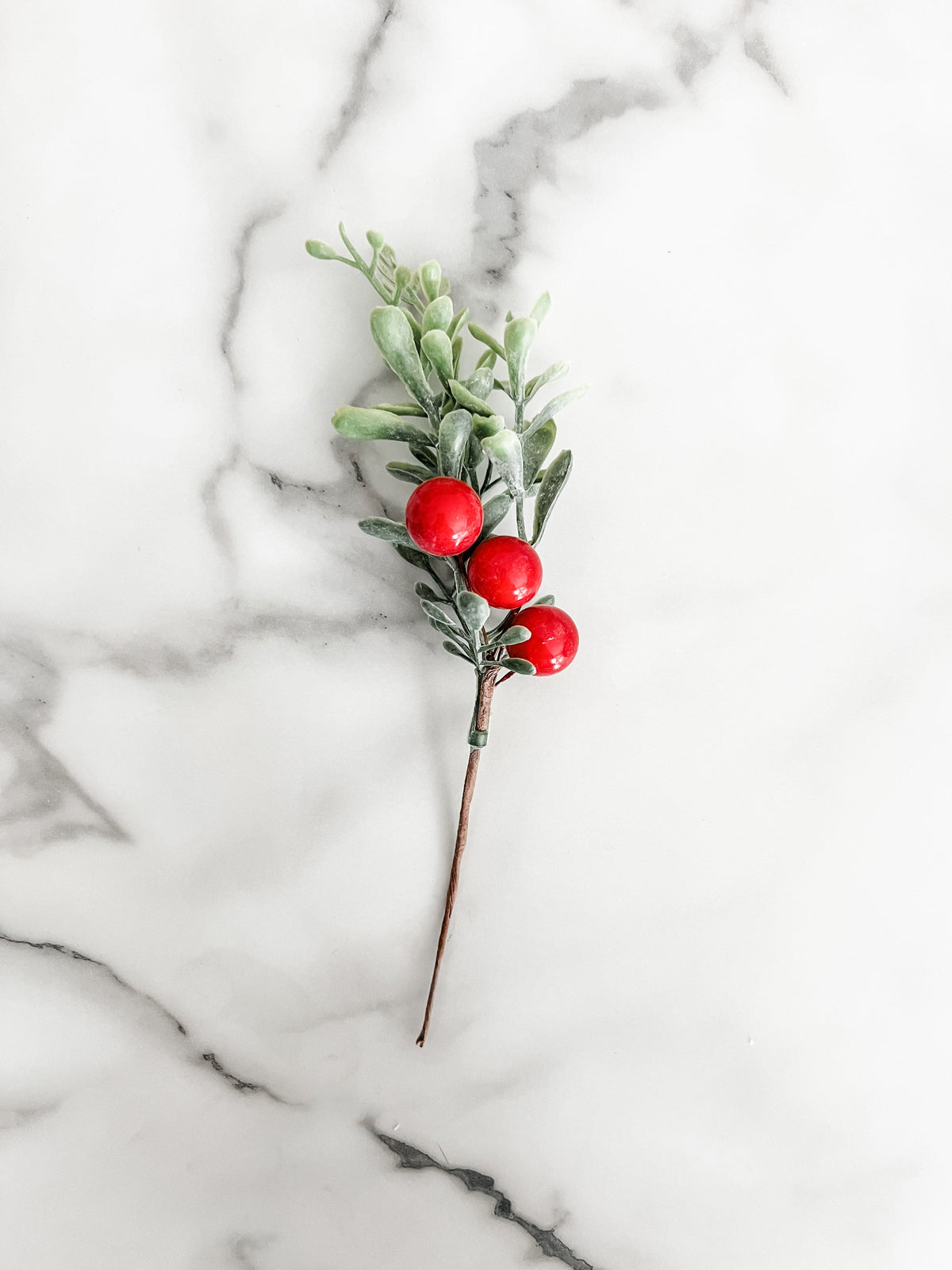 Decorative branch with red berries on a marble surface