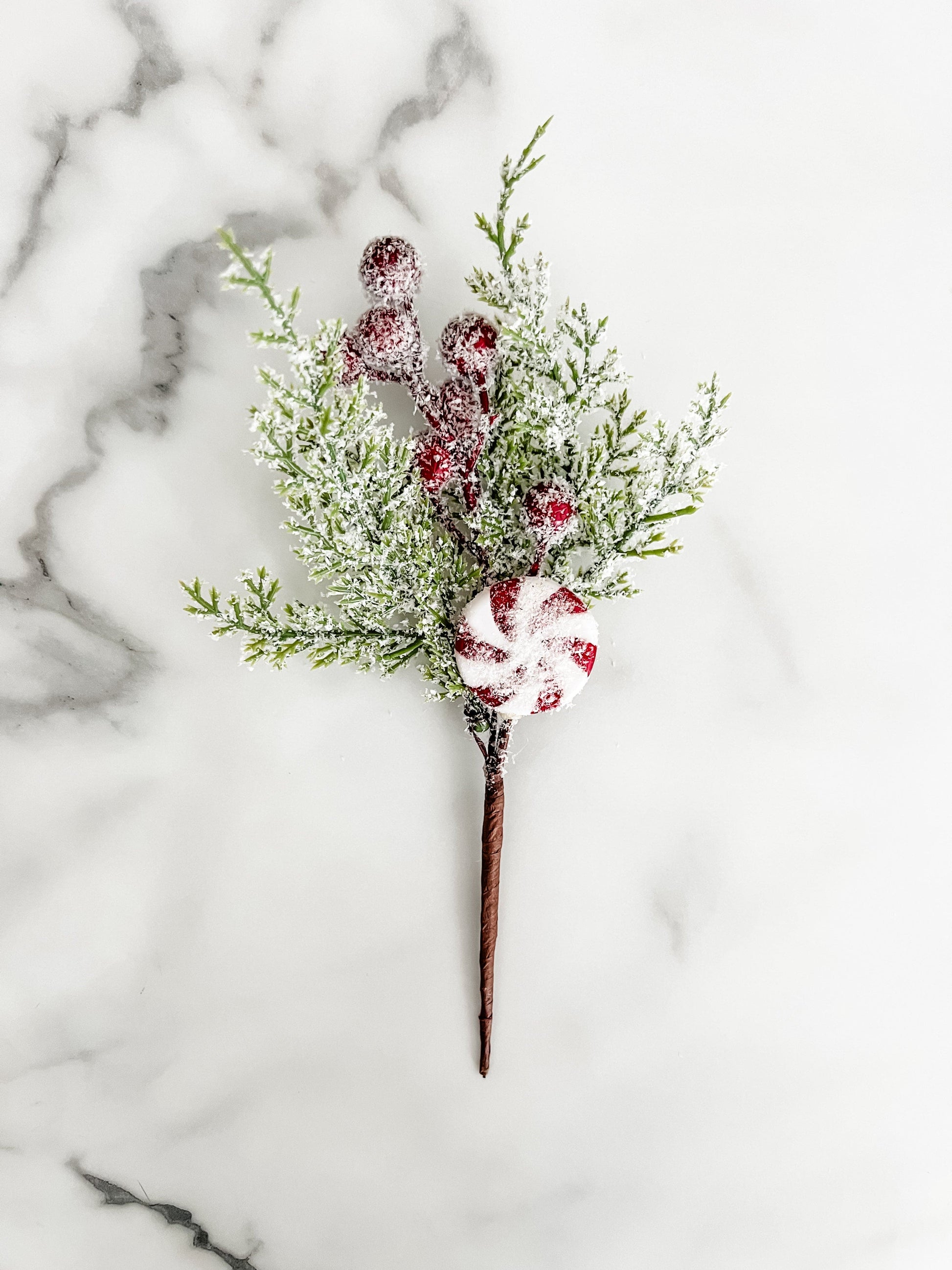 Decorative branch with red berries and green leaves on a marble surface