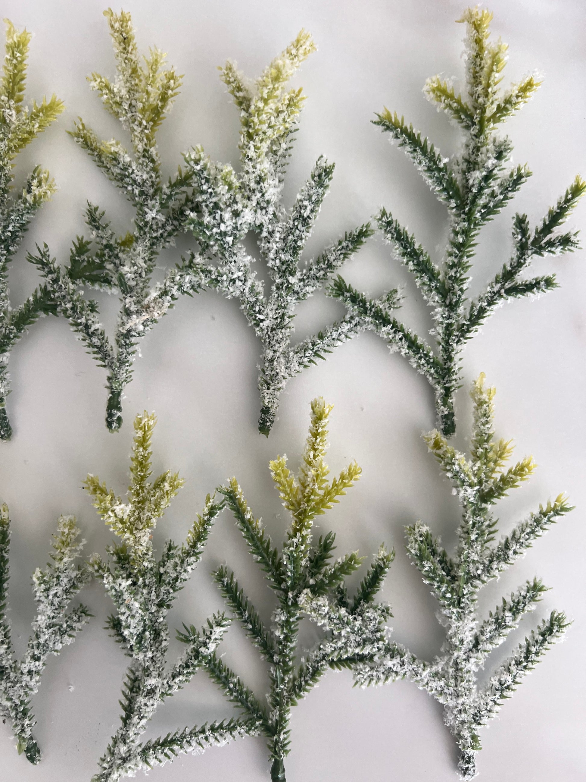 Several frosted artificial pine branches with white snow-like dusting and green needles, arranged on a plain light background.