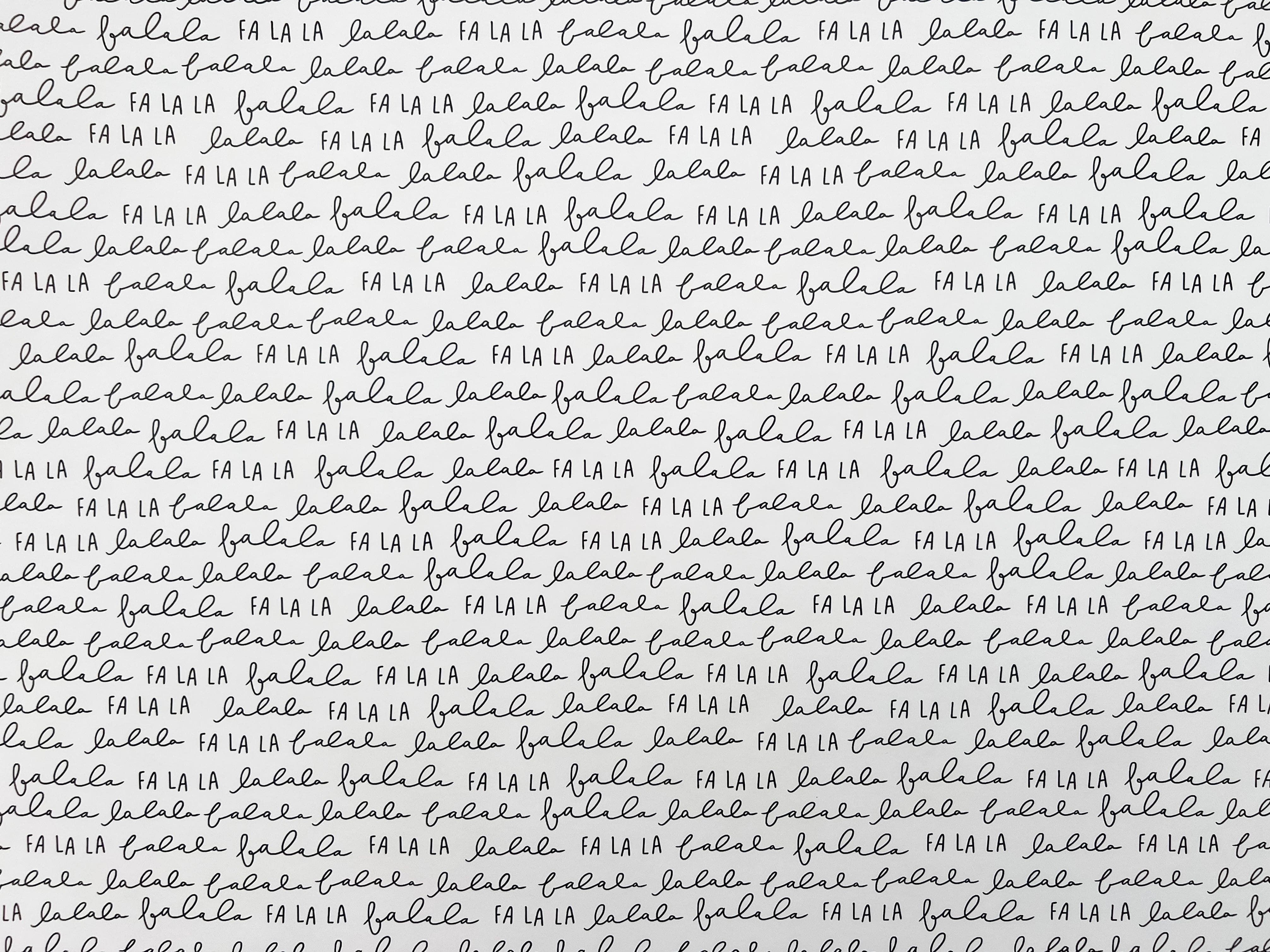 Text pattern with 'fala la balela' repeated on a white background
