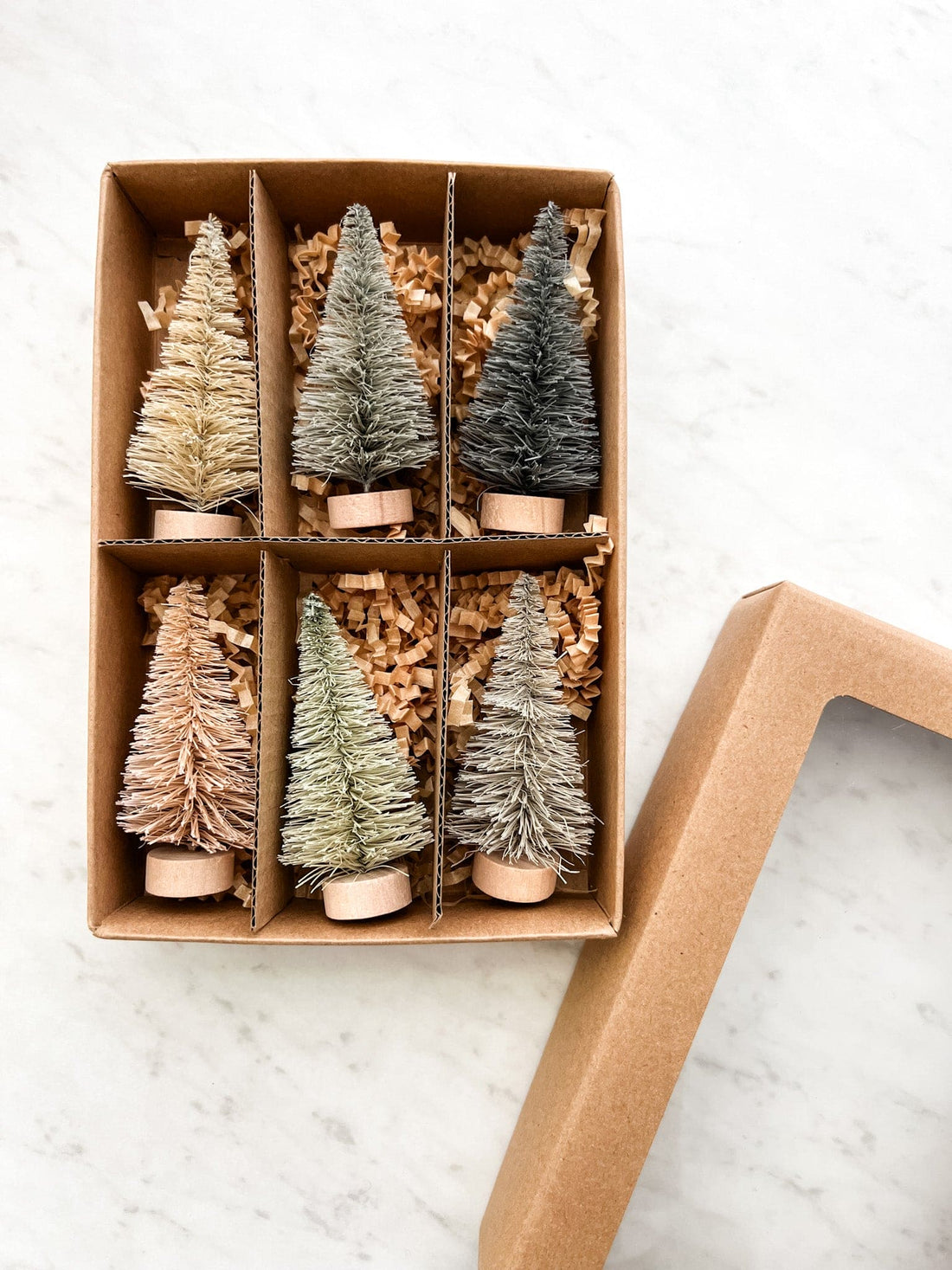 Set of 6 bottle brush trees in a cardboard box, with trees being different colors.