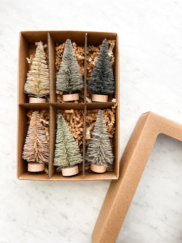 Set of 6 bottle brush trees in a cardboard box, with trees being different colors.