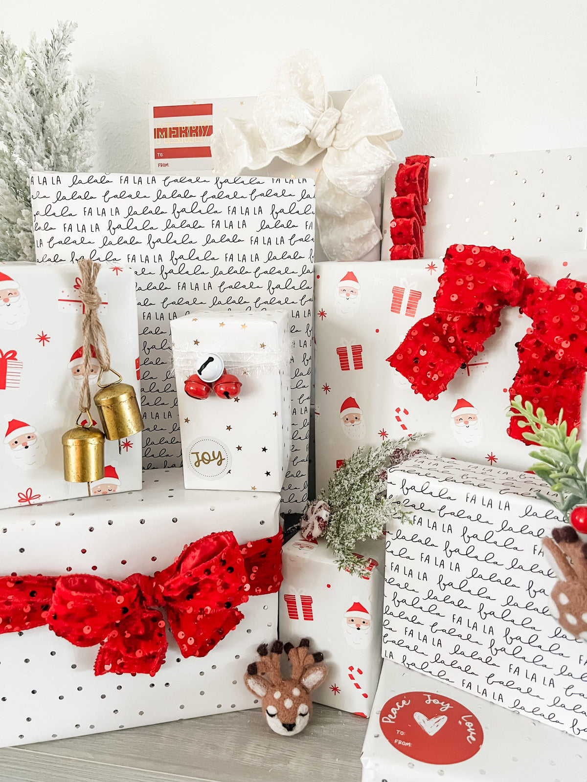 Decorative Christmas presents with festive wrapping paper and ribbons.