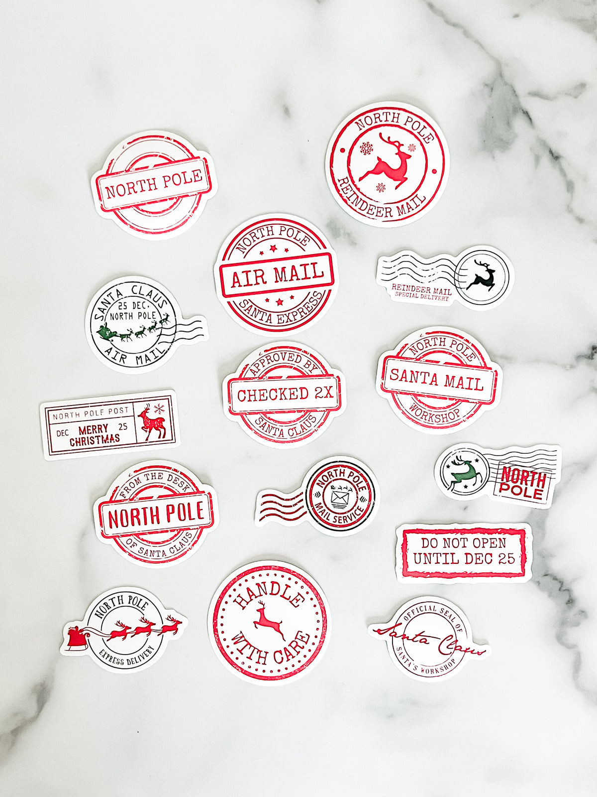 North Pole Christmas gift stickers, vintage Santa mail and Christmas sticker set