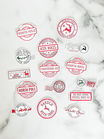 North Pole Christmas gift stickers, vintage Santa mail and Christmas sticker set