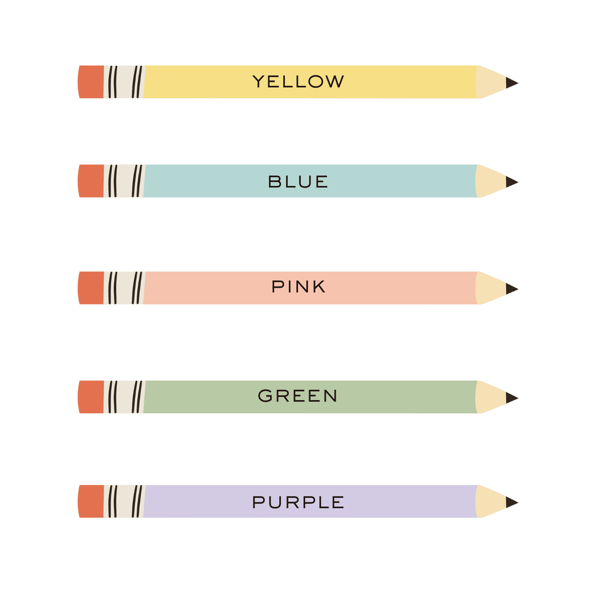 Five colored pencils labeled Yellow, Blue, Pink, Green, and Purple on a white background.