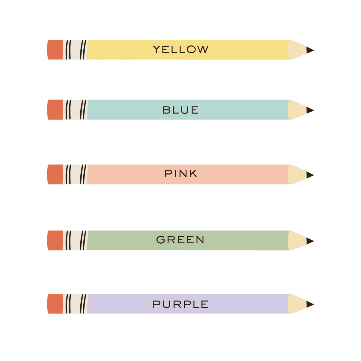 Five colored pencils labeled Yellow, Blue, Pink, Green, and Purple